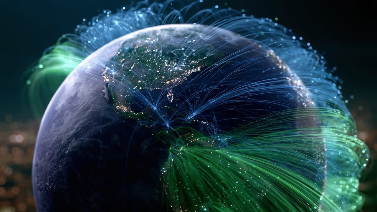 Dynamic Visualization of Global Network Connections with Light Trails Illuminating Earth, Showcasing Data Flow and Communication Across Continents