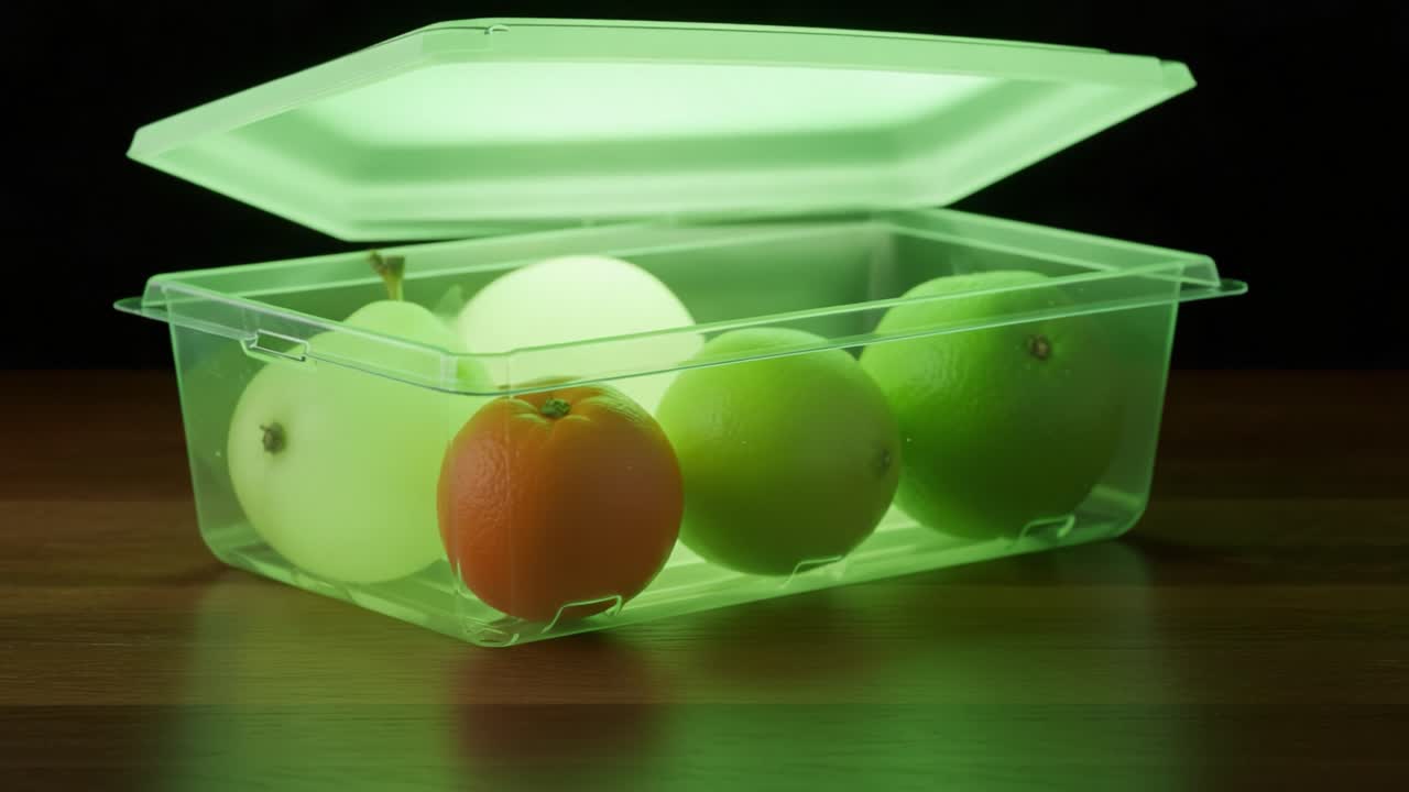 A captivating still life featuring a translucent container with an assortment of vibrant fruits, illuminated by a soft green glow, showcasing oranges and limes beautifully
