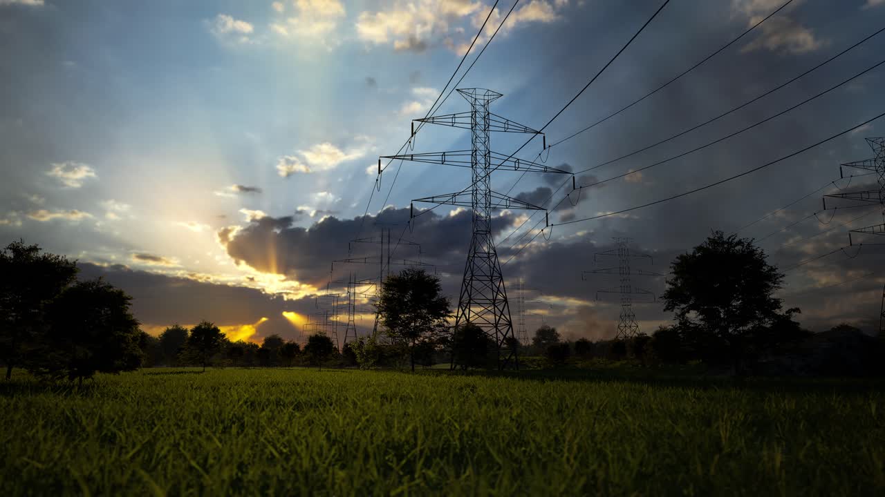 Power Lines at Sunset Over a Field