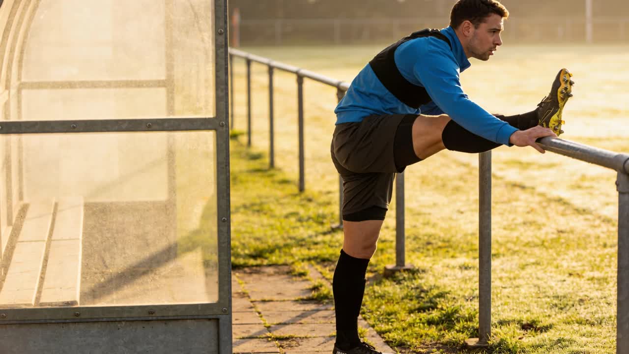 Stretching male wearing blue placing foot on metal railing at sideline by covered bench, warming up