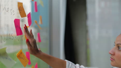 Confident-businesswoman-glueing-sticky-notes-on-window.