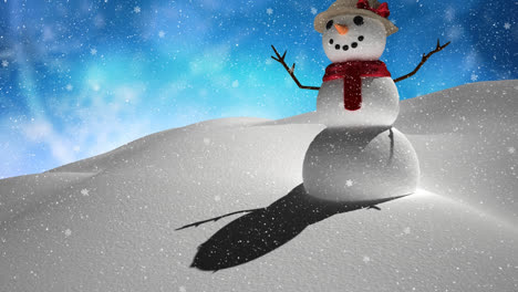 Animation-of-snow-falling-over-smiling-snowman-in-winter-scenery