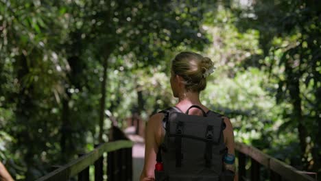 Hinter-Rucksacktouristin-Zu-Fuß-Durch-Den-Wunderschönen-üppigen-Dschungel-Des-Cahuita-Nationalparks