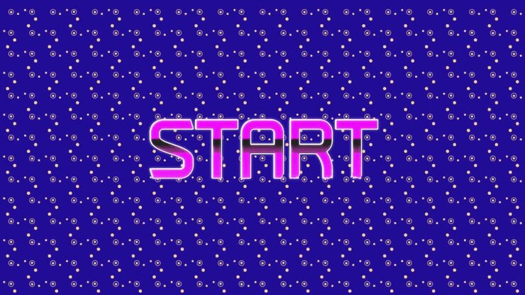 Animation of start text over neon spots on blue background