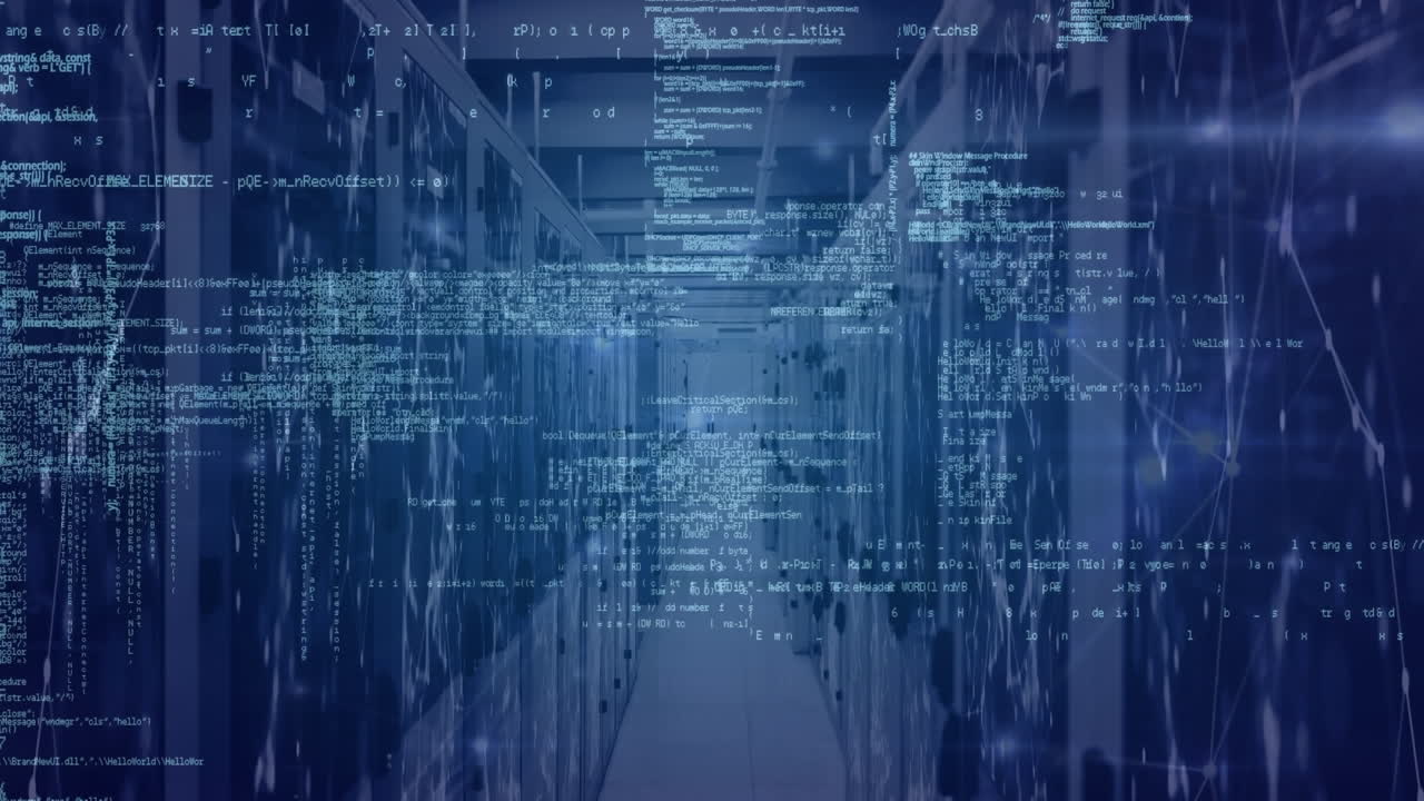 Animation of computer language and connected dots moving over network server room