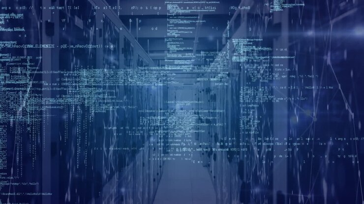 Animation of computer language and connected dots moving over network server room