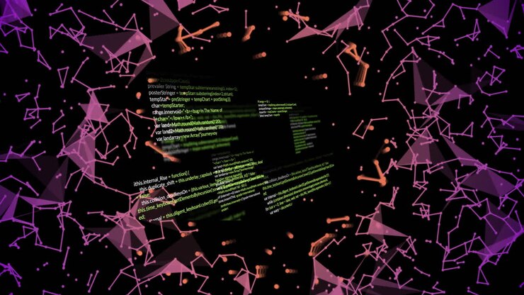 Анимация обработки данных ИИ на фоне сетей соединений.