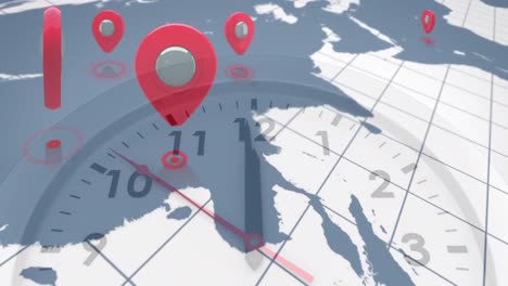 Animation-of-red-location-pins-over-world-map-and-clock