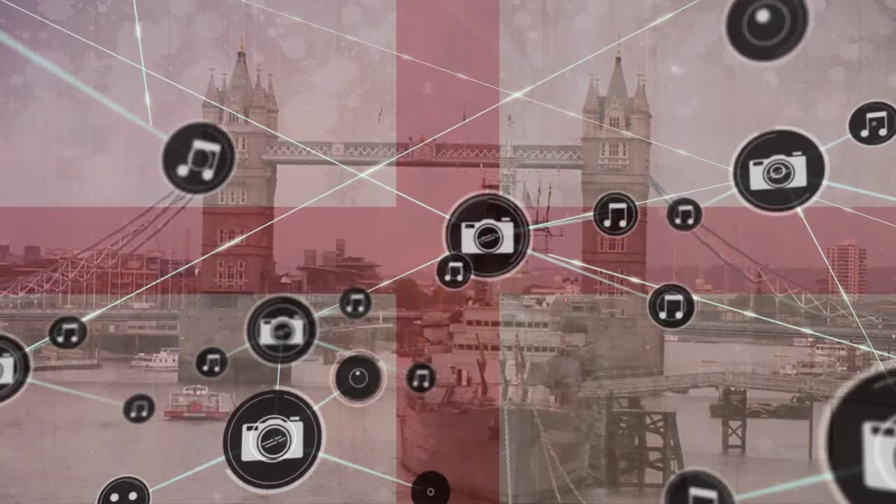 런던 브리지에 대해 영국 발을 흔들고 있는 디지털 아이콘 네트워크의 애니메이션