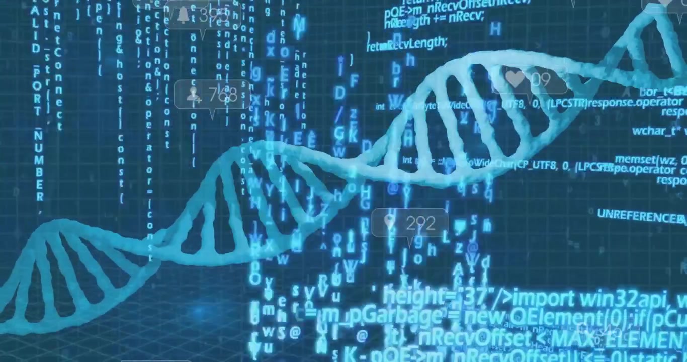 3D digital double helix DNA twisting diagonally, showing floating code streams and UI icons
