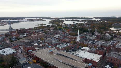 Aerial view of downtown Portsmouth, in New Hampshire, USA - rising, drone shot