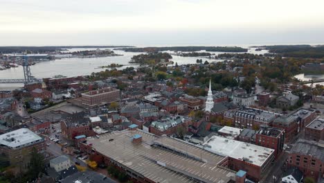 aerial view of downtown portsmouth, in new hampshire, usa - rising, drone shot