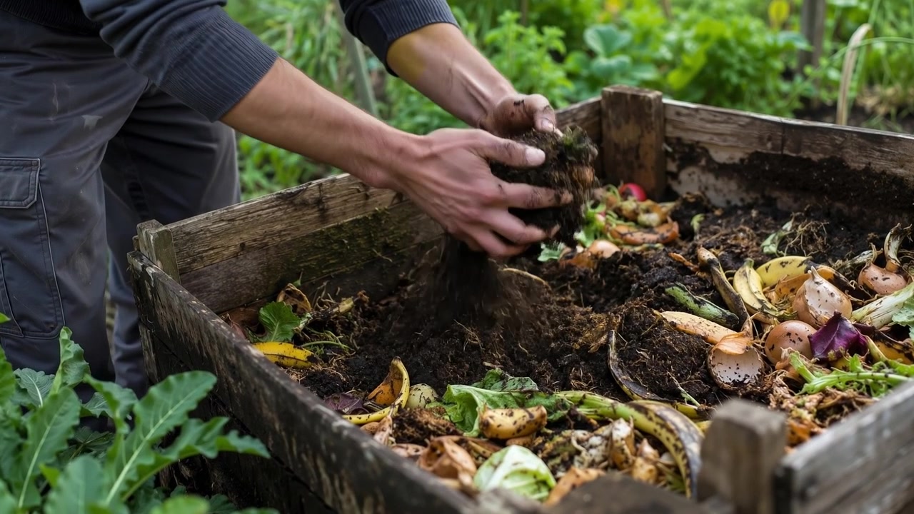 Primo piano delle mani che mescolano rifiuti organici all'interno di una compostiera in legno in un giardino.
