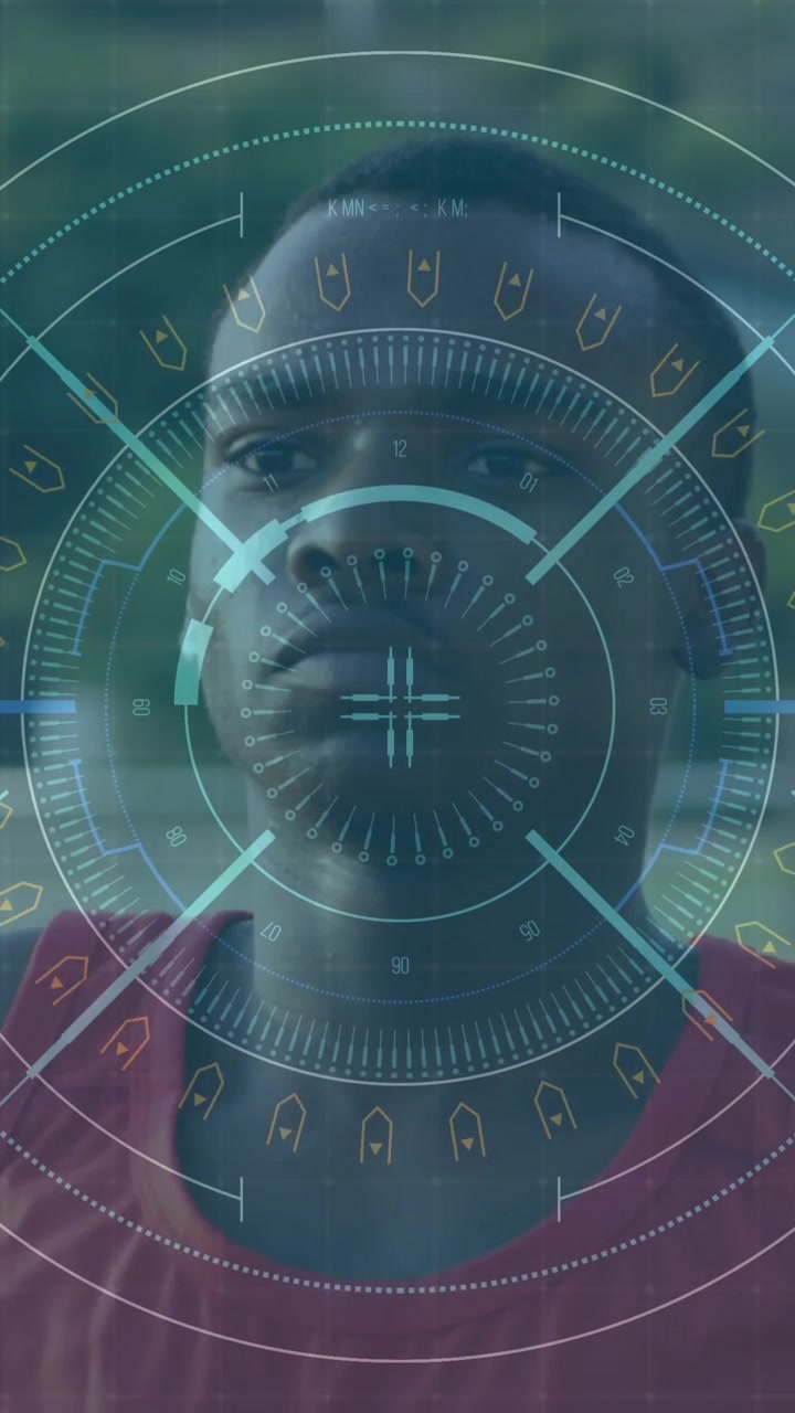 Animação de processamento de dados digitais sobre atleta masculino saltando