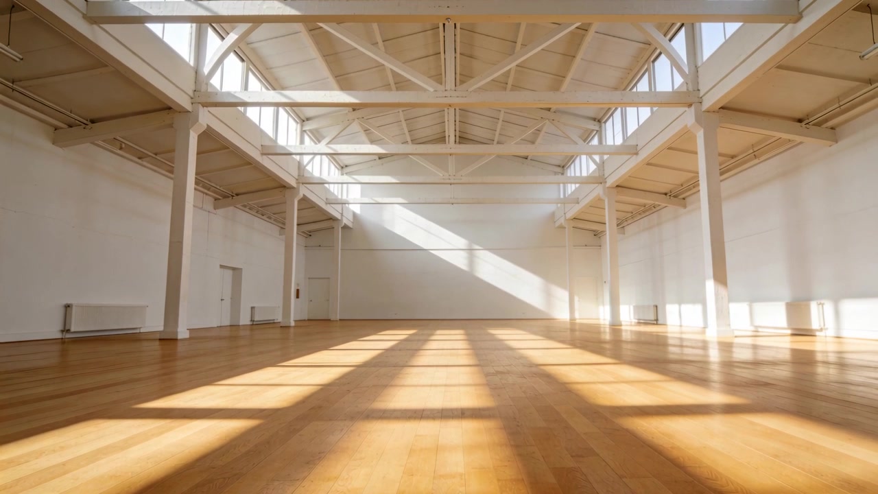 Luce solare cangiante che attraversa uno studio loft vuoto da finestre alte, indicando il passare del tempo sul pavimento.