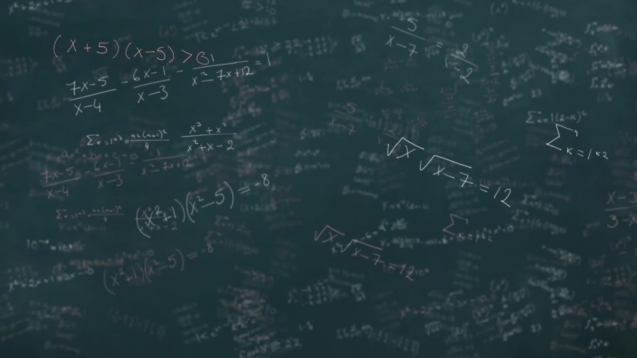 Mathematical equations moving against black board