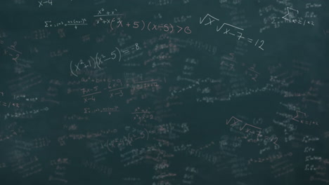 Mathematical equations moving against black board