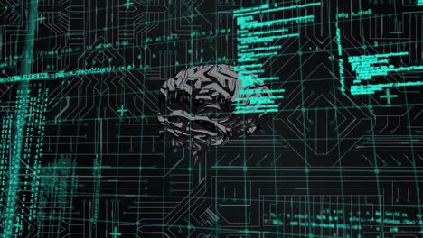 Animation of data processing and brain on black background
