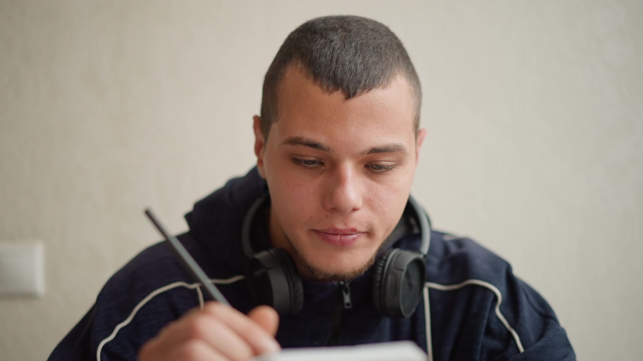 Close up of young man holding pen and interacting with digital device headphones around neck calm expression soft lighting plain wall background closeup