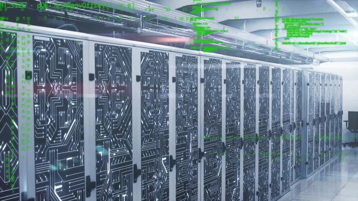 Sovrapposizione di codice verde neon che inizia sui cabinet dei server e si riversa sui rack per visualizzare il flusso di dati.