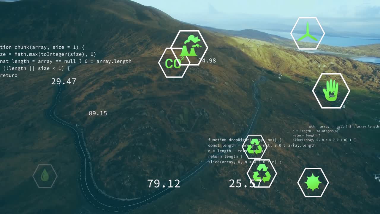 Kode dukker op over bakker, startikoner opdaterer værdier og visualiserer klimafinansieringsmålinger.