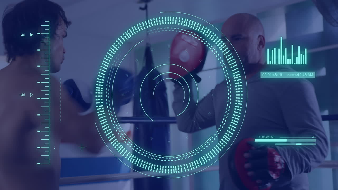 animación de procesamiento de datos y escaneo de alcance sobre boxeadores caucásicos ejercitando
