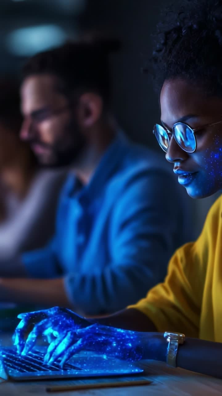 A focused individual works diligently on their laptop, illuminated by glowing blue patterns on their hands, symbolizing creativity and technology at night