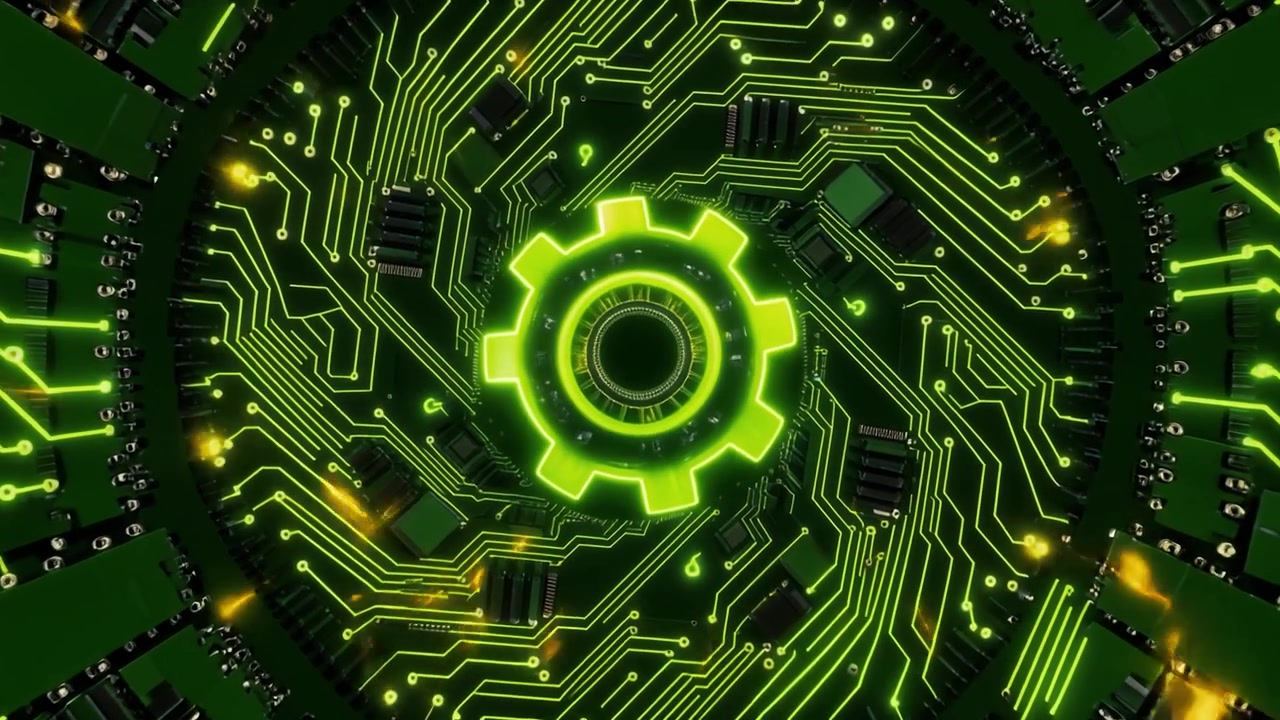 Abstract Digital Circuit Board with Rotating Glowing Gear