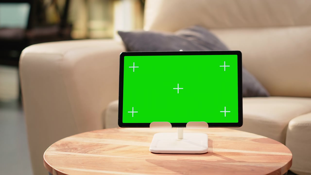 Isolated green screen on tablet in empty modern living room