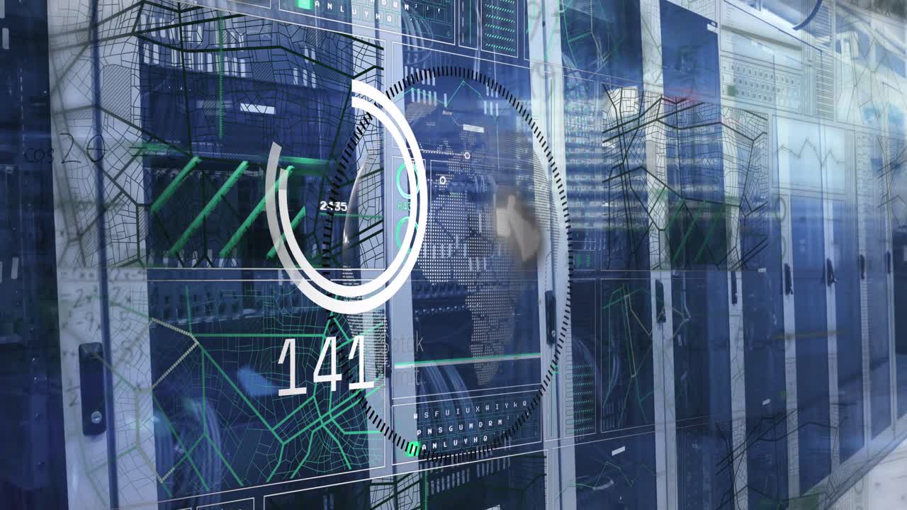 Animation of scope scanning and data processing over tech room purple computer servers