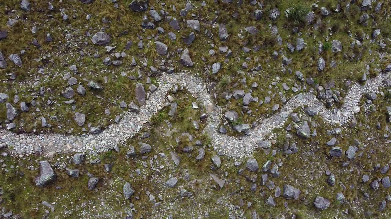 Overhead View Of A Rocky Trail On The Mountains At Huaraz Trek In Peru. Aerial Drone Shot