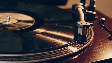 close-up, angled shot of a vintage vinyl record player, capturing the nostalgic vibe of spinning