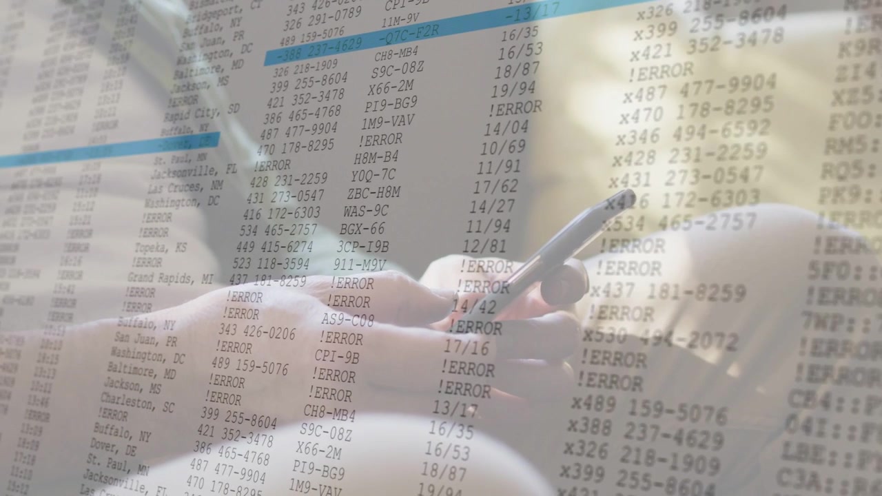 Man tapping phone on couch, checking finance data while faint sheet forming and marking ERROR rows