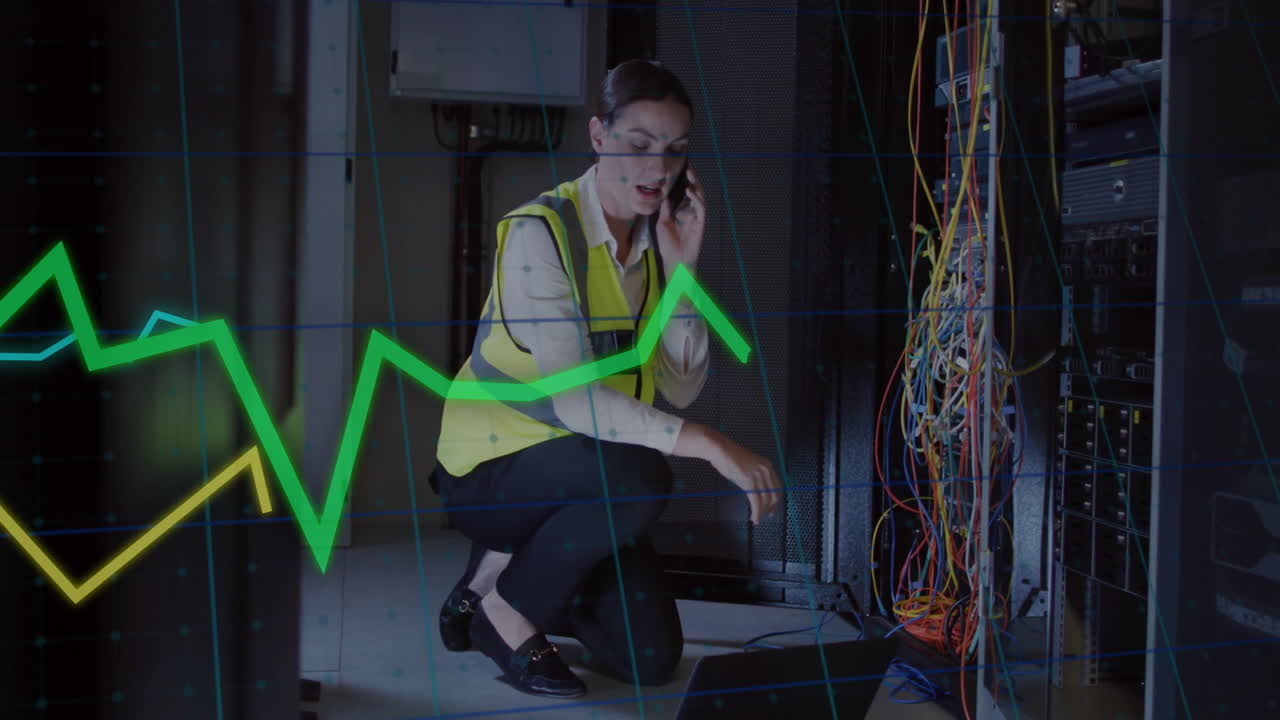 Talking on phone, woman in server room with data graph animation over scene