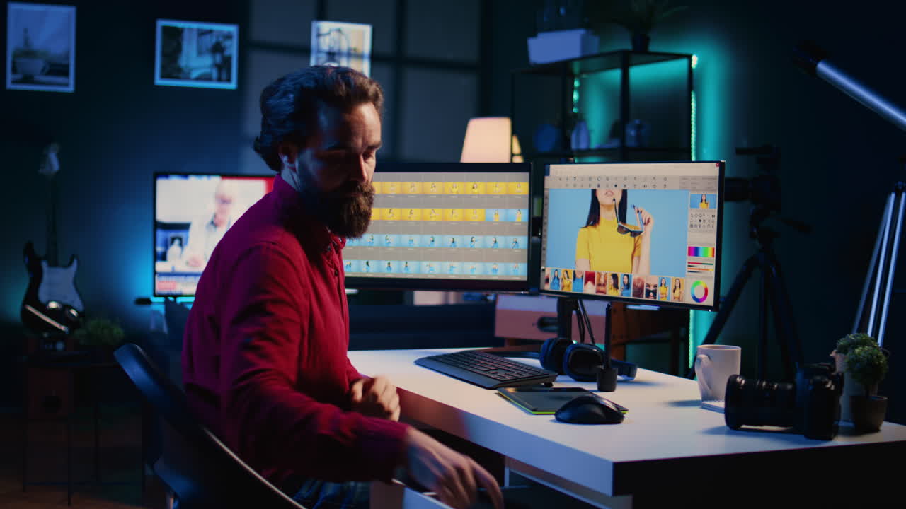 editor de fotos cansado después de corregir fotografías de color todo el día, relajándose mirando imágenes de gatos