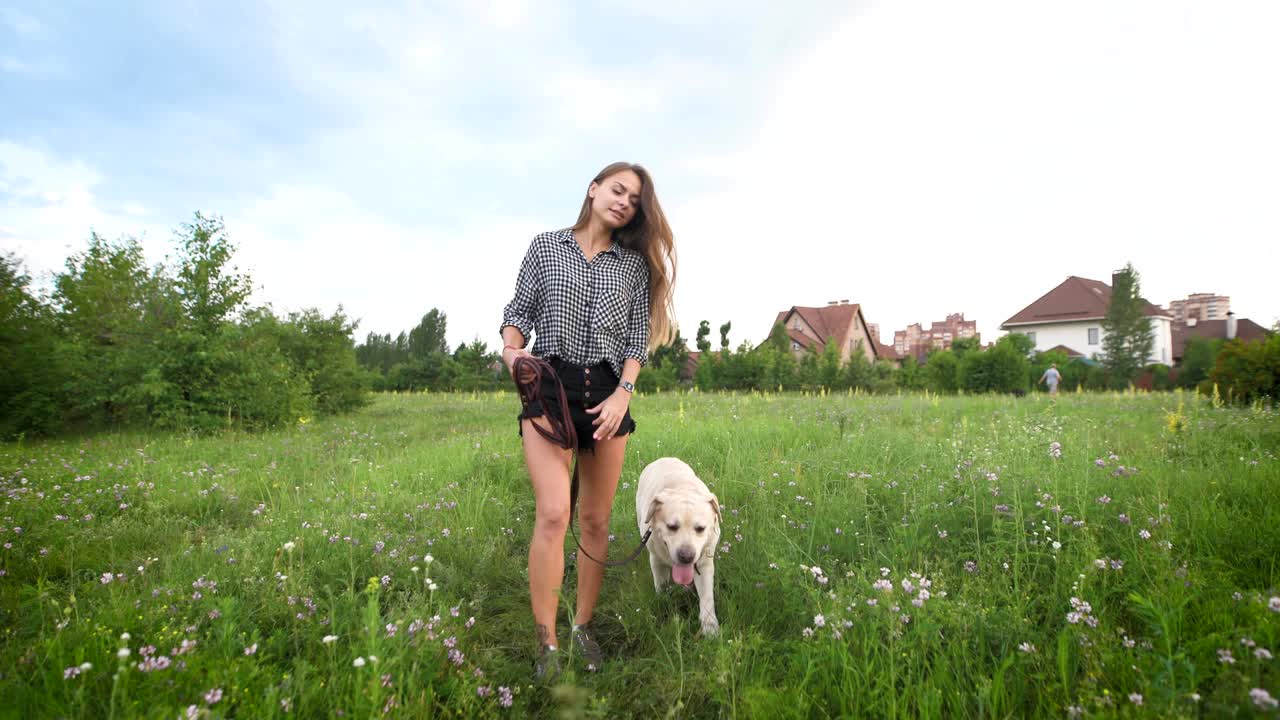 아름다운 젊은 여자와 라브라도르 개가 여름날 공원에서 산책하고 있습니다.