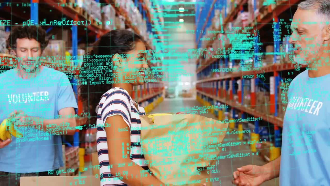 animación del procesamiento de datos sobre diversas personas que trabajan en el almacén