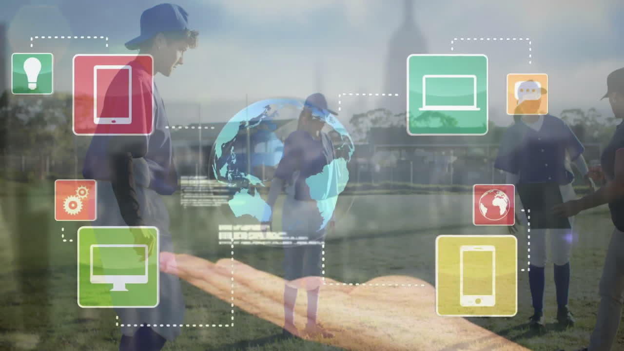 Baseball players on field with digital technology icons and globe animation