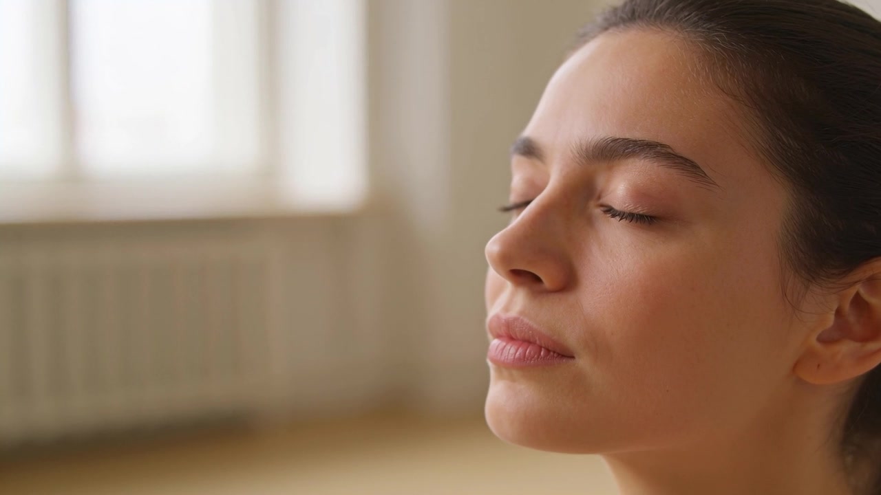 Closing eyes, adult woman practicing slow breathing for calm by window and radiator, copy space