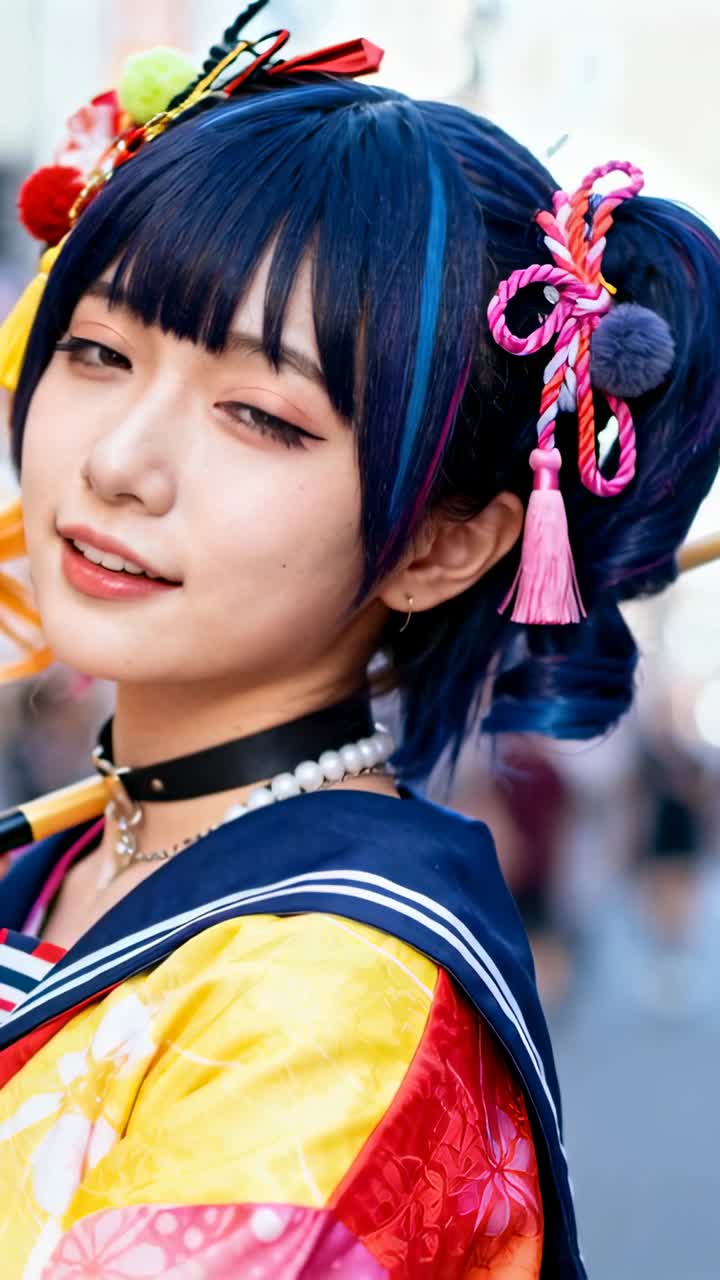 Video verticale: cosplayer che si trasforma individuando un passante che indossa un kimono in strada con un oggetto di scena