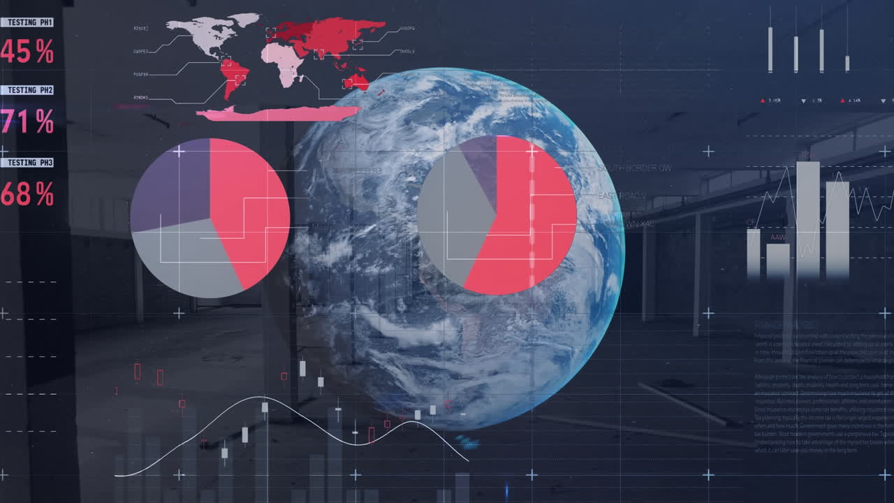 animación del procesamiento de datos financieros y el globo sobre la habitación vacía