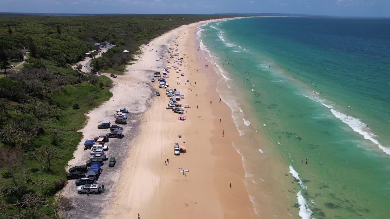 Tourists At Rainbow Beach In Queensland, Australia During Summer - Aerial Shot