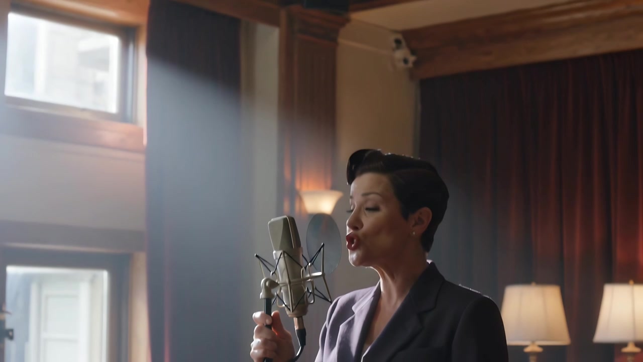 La telecamera si avvicina, un cantante registra una canzone in una stanza con pannelli in legno, con un microfono e un blazer scuro, con spazio per il testo.