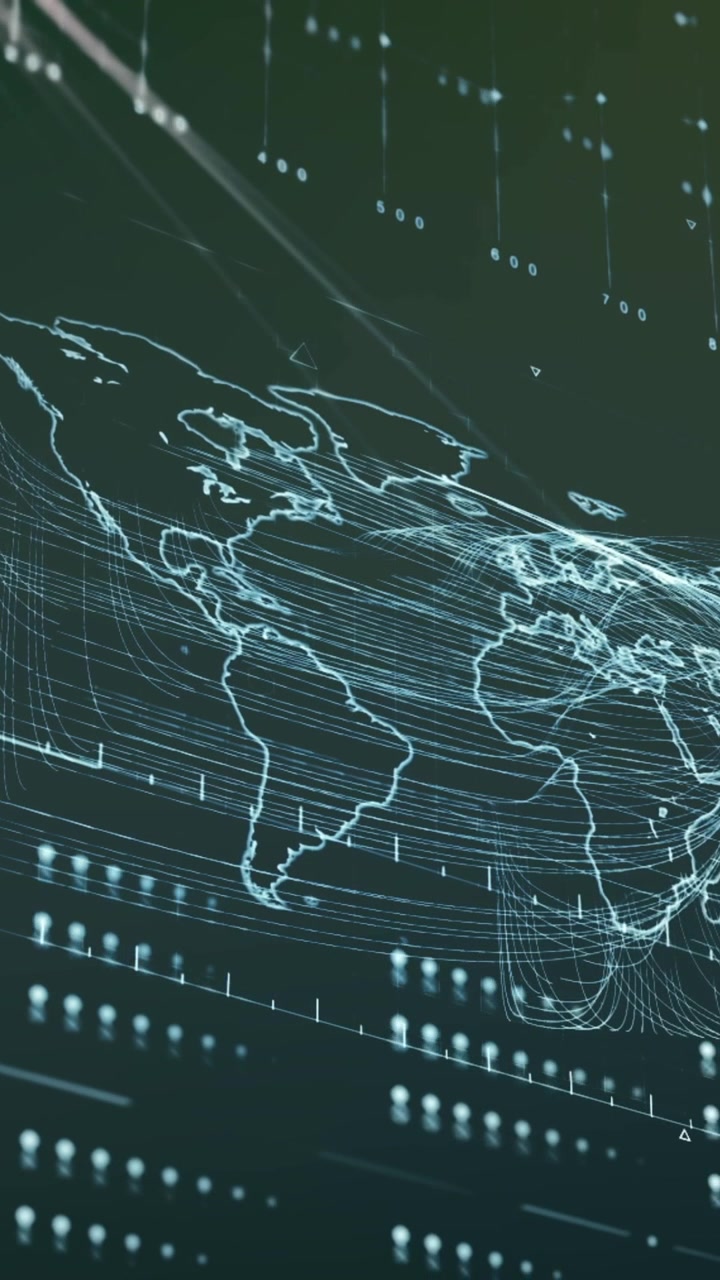 Animation of interface with data processing over world map against grey background