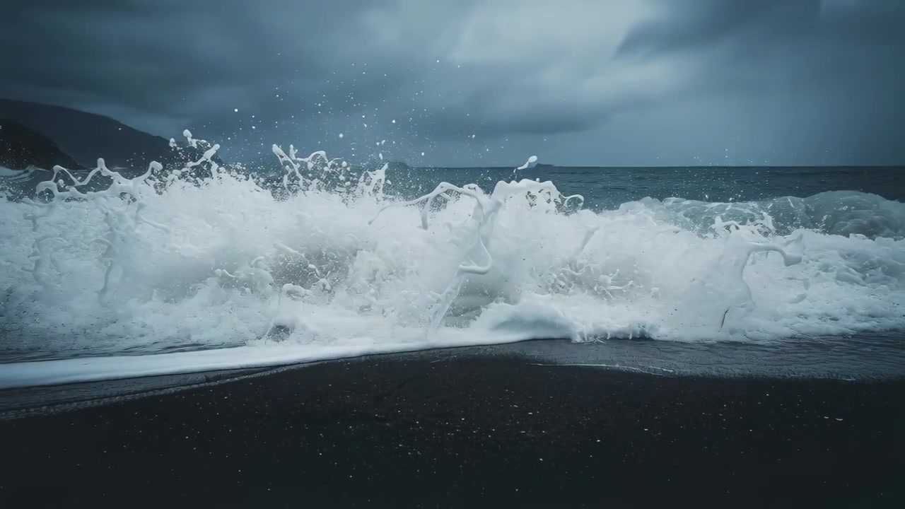 La cresta de un oleaje creciente empuja una ola oceánica que rompe sobre arena negra, arrojando espuma, con un promontorio a la izquierda.