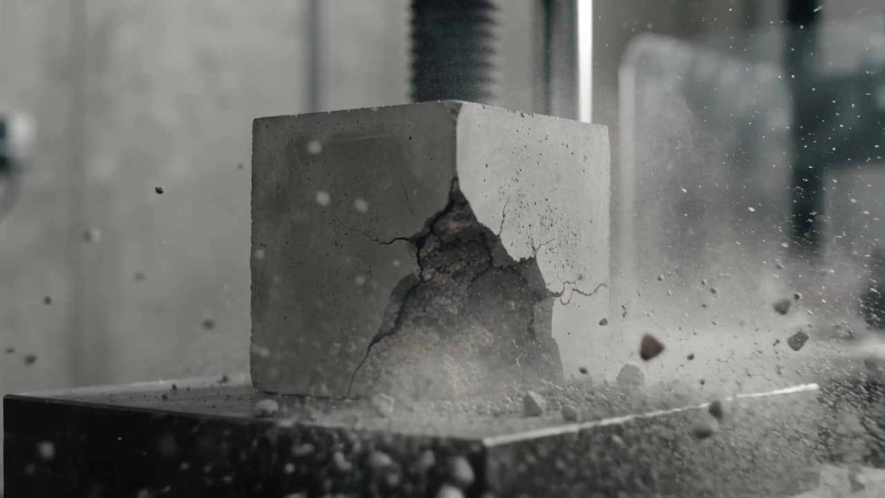 Betonwürfel wird während eines Festigkeitstests zerdrückt, wobei sich der Stößel senkt, einen Kegelbruch bildet und Trümmer ausstößt.
