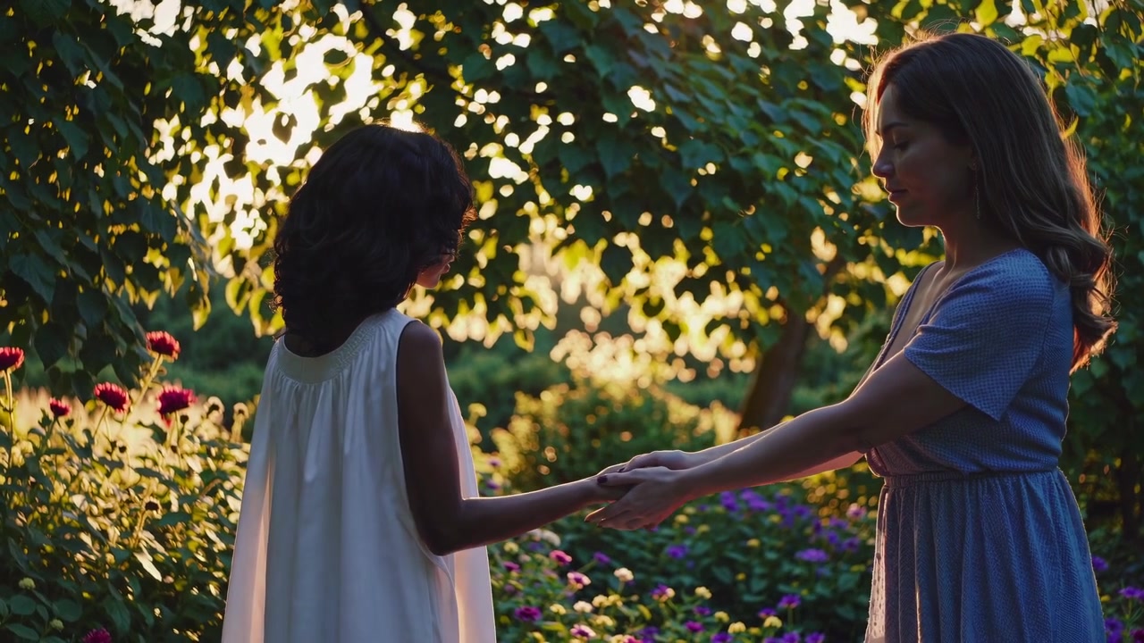 Donna e bambino che si tengono per mano in un giardino sereno al tramonto