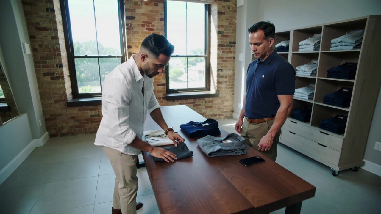 Un uomo in camicia bianca si china piegando pantaloni grigi su un tavolo di legno in un negozio, presentandoli a un cliente in polo blu navy.