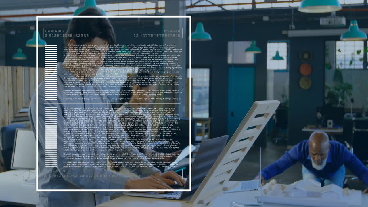 In office, business professionals working on laptops with animation of digital data