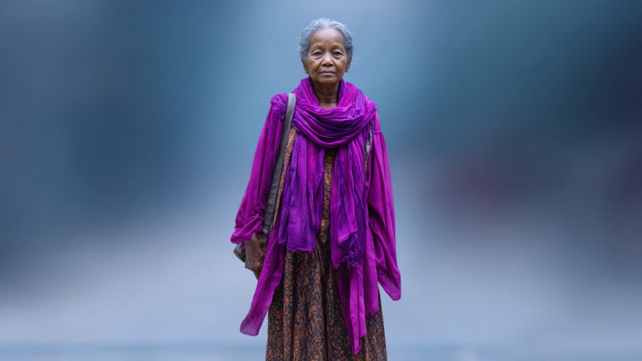 Una donna anziana aggraziata in abito viola si erge fieramente contro uno sfondo nebbioso, catturando l'essenza della resilienza e del patrimonio culturale.